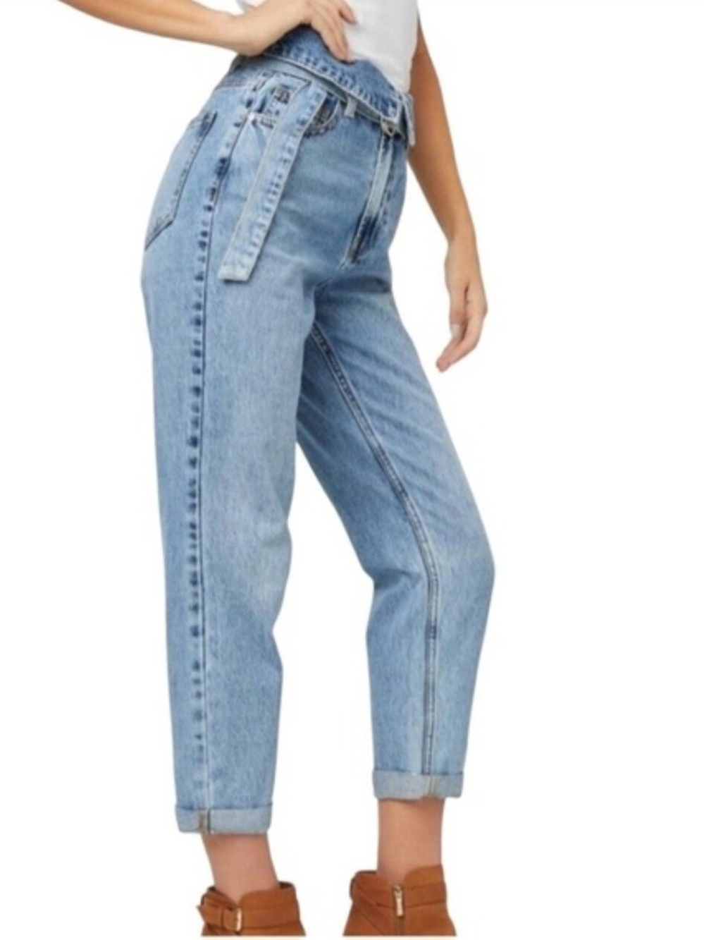 Guess Reda High-Waisted Fold-Over Belted Mom Jeans 31
